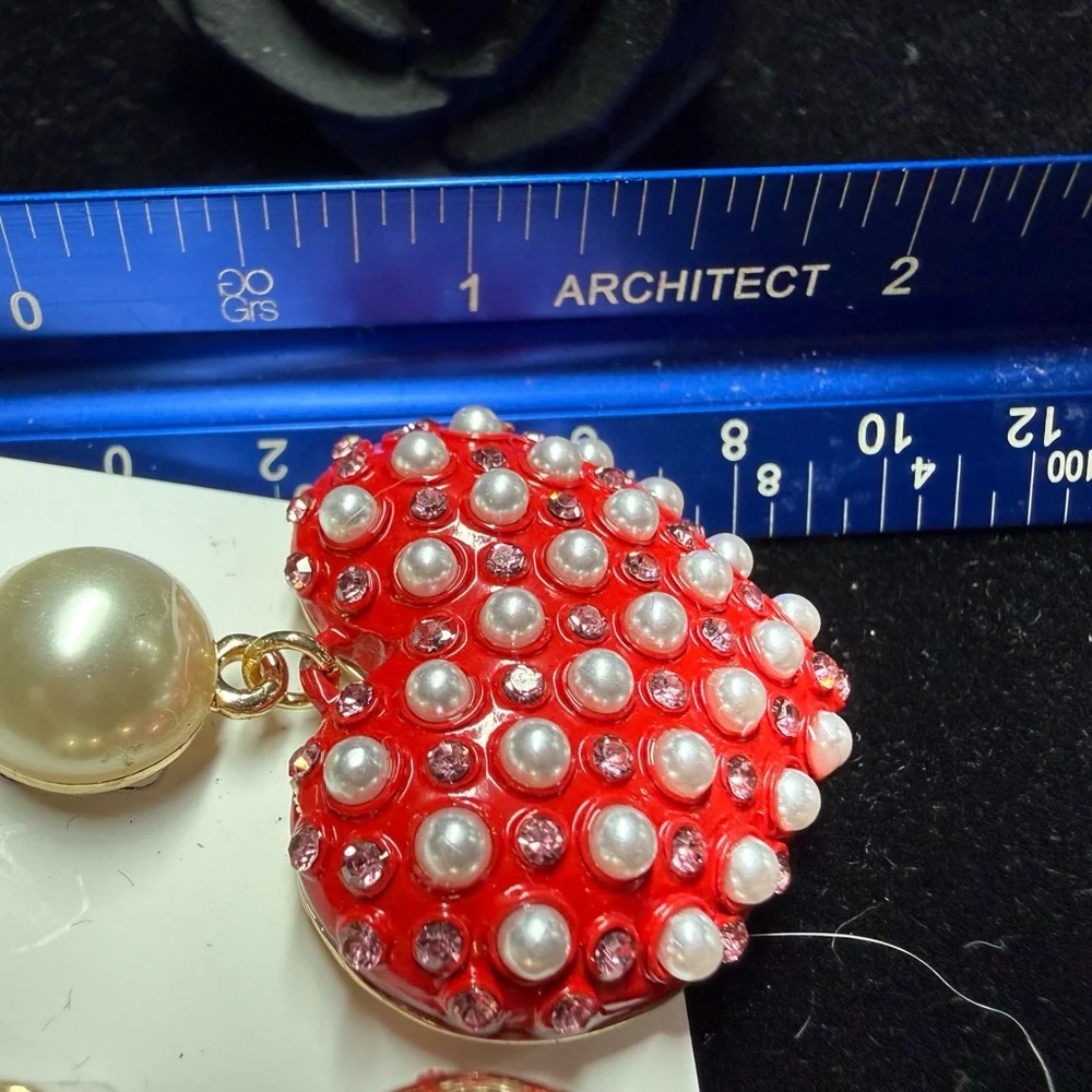 Betsey Johnson Red and Pearl Heart Earrings - Picture 4 of 5